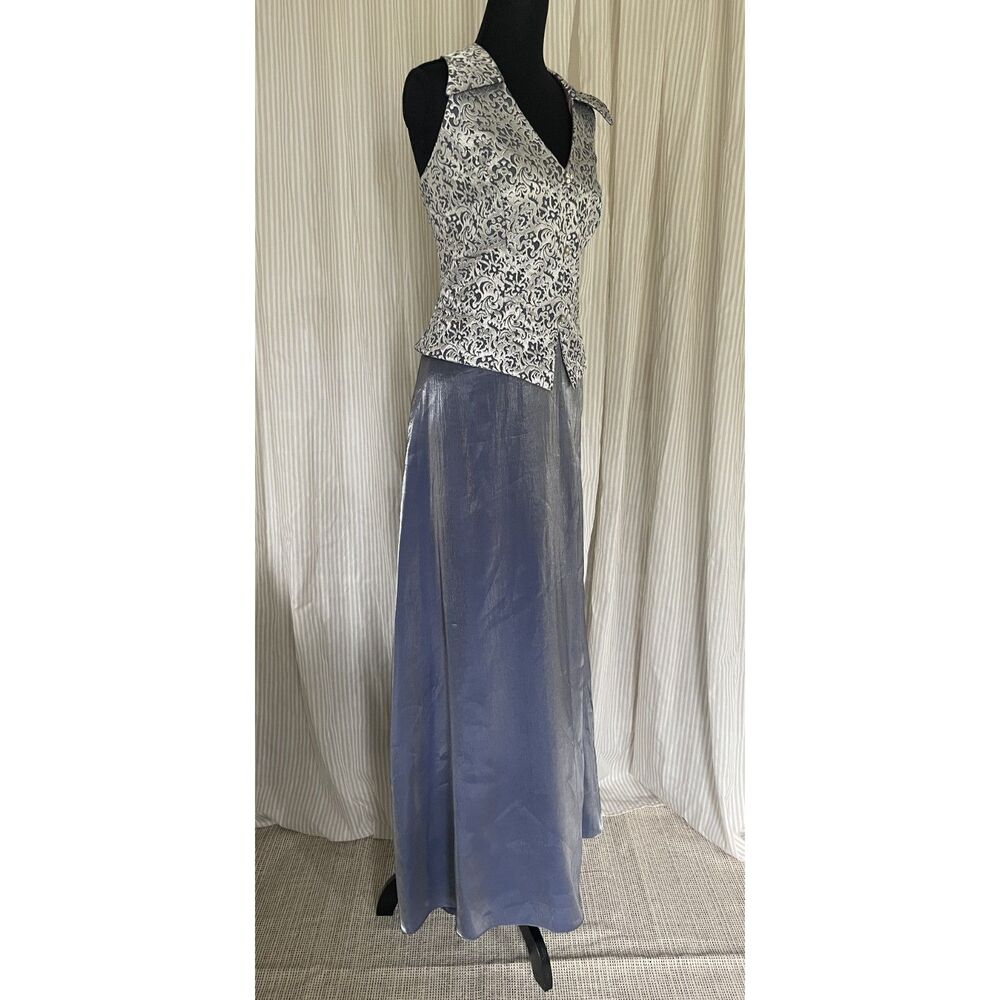 Patra Evening Gown 14 Silver Metallic Halter Top Chiffon Skirt Formal Dress USA - Picture 2 of 12